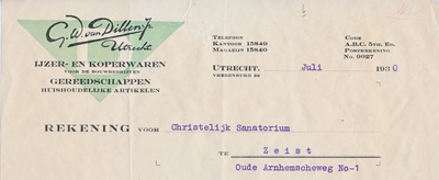 711070 Kop van een nota van G.W. van Dillen Jr., IJzer- en Koperwaren - Huishoudelijke Artikelen, Vredenburg 18 te ...